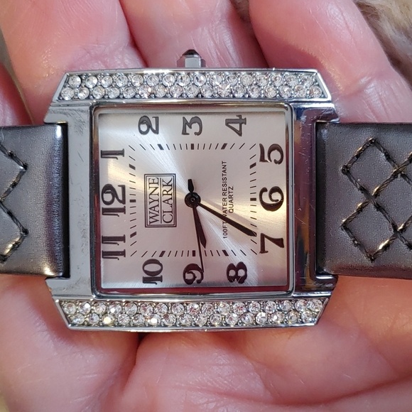 Vintage Wayne Clark Quartz Square Face Watch with Crystals and Leather Strap - Picture 2 of 13